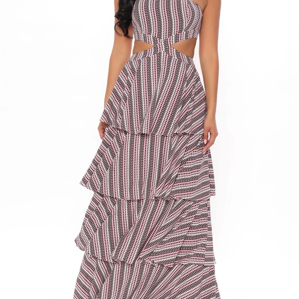 NWT.   Pink/ combo; maxi dress; tube; cut outs; tiered skirt; lined; stretch